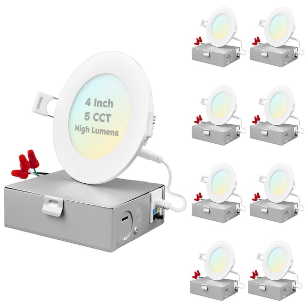 Luxrite 4 Inch Ultra Thin LED Recessed Downlights 5 CCT Selectable 2700K-5000K 12W 950LM Dimmable 8-Pack LR23741-8PK - main